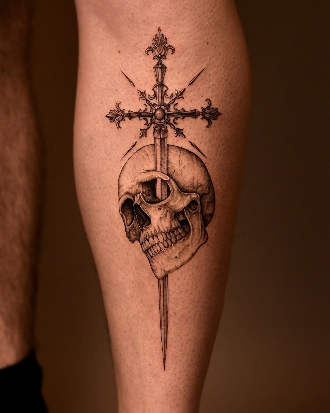 Intricate skull and cross tattoo on the shin Tattoo Design