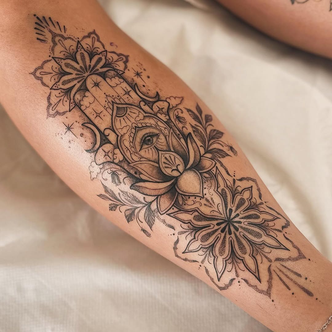 Mystical hand and floral shin tattoo design Tattoo Design