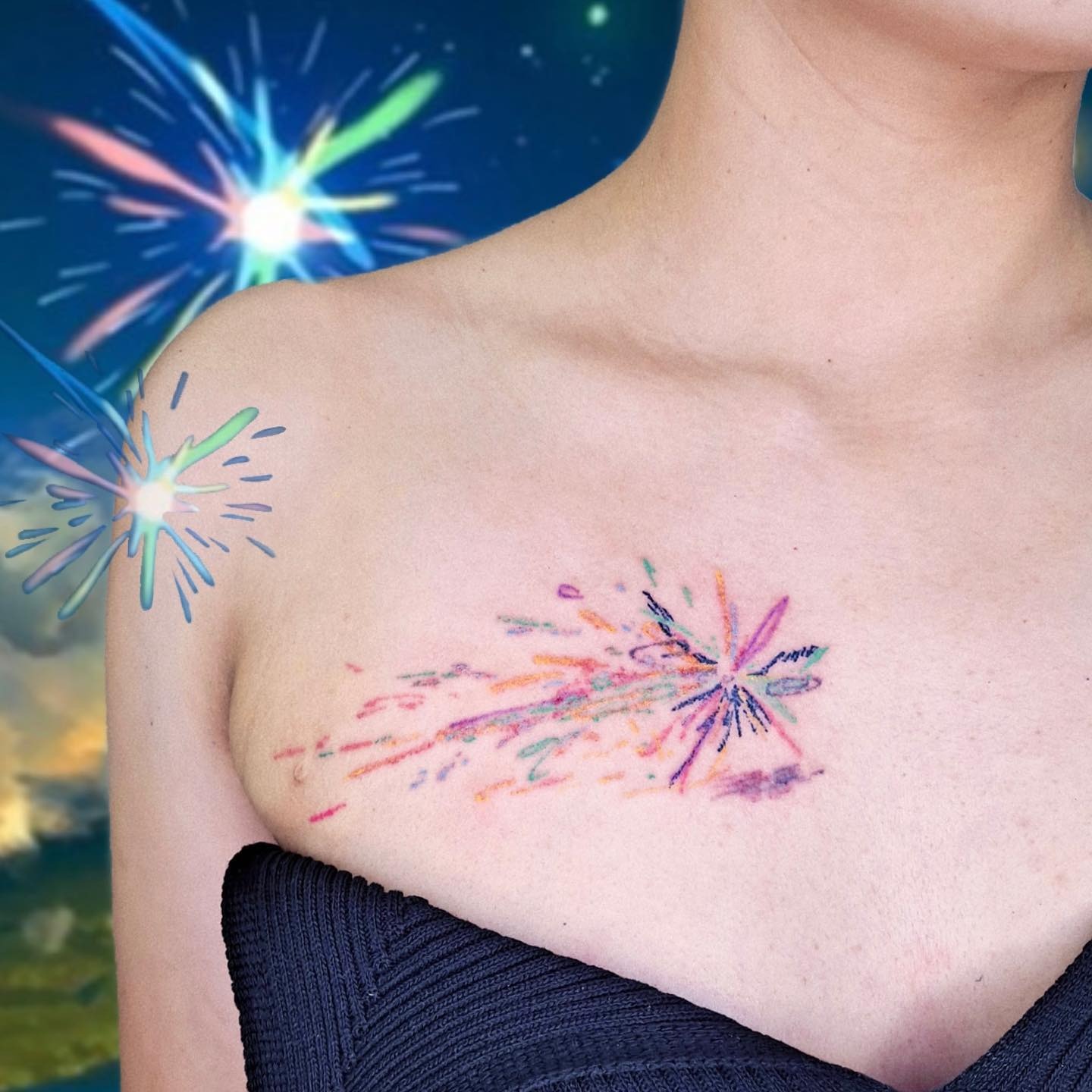 Vibrant shooting star tattoo with playful colors Tattoo Design