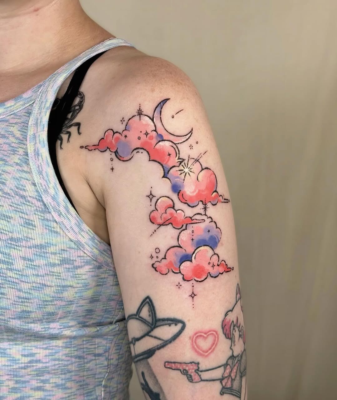 Whimsical clouds and stars shooting tattoo art Tattoo Design