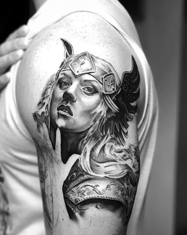 Black and White Roman Girl Warrior Shoulder Tattoo Ideas Shoulder Tattoo Design
