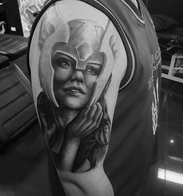 Black and White Warrior Woman Goddess Shoulder Tattoo Ideas Shoulder Tattoo Design