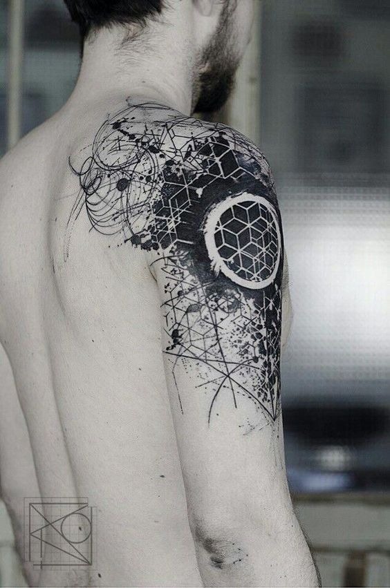 Black Ink Geometric Honeycomb Pattern Shoulder Tattoo Shoulder Tattoo Design