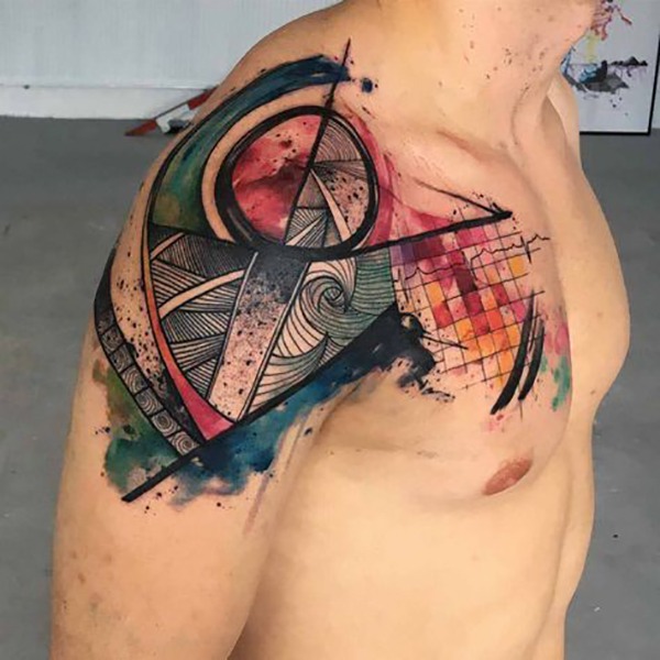 Bright Geometric Watercolor Ocean Shoulder Tattoo Ideas Shoulder Tattoo Design