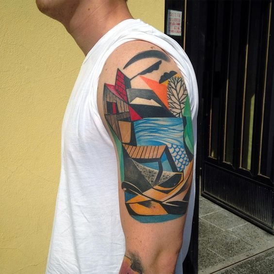 Brightly Colored Geometric Scene Shoulder Tattoo Ideas Shoulder Tattoo Design
