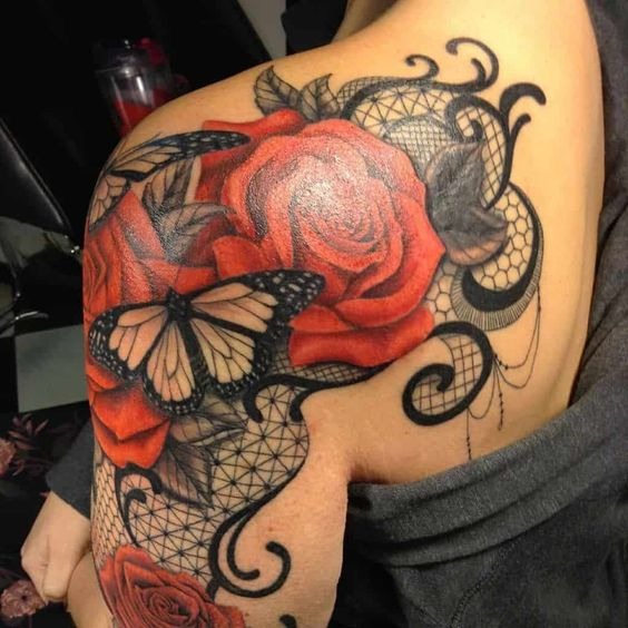 Butterfly On a RedRose Tattoo Shoulder Tattoo Design