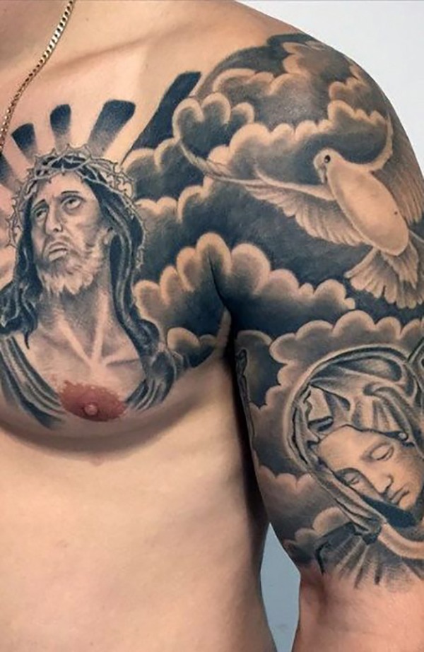 Cloudy Inspiring Heavenly Religious Front Shoulder Tattoo Shoulder Tattoo Design