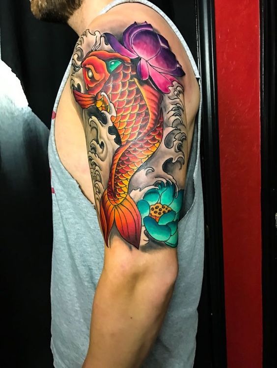 Colorful Majestic Koi Swimming Shoulder Tattoo Ideas Shoulder Tattoo Design