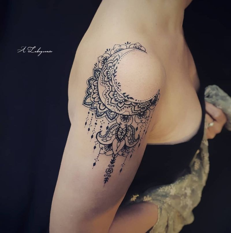 Crescent Moon Floral Dripping Shoulder Tattoo Ideas Shoulder Tattoo Design