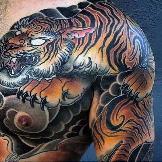 Crouching Growling Bengal Tiger Front Shoulder Tattoo Shoulder Tattoo Design