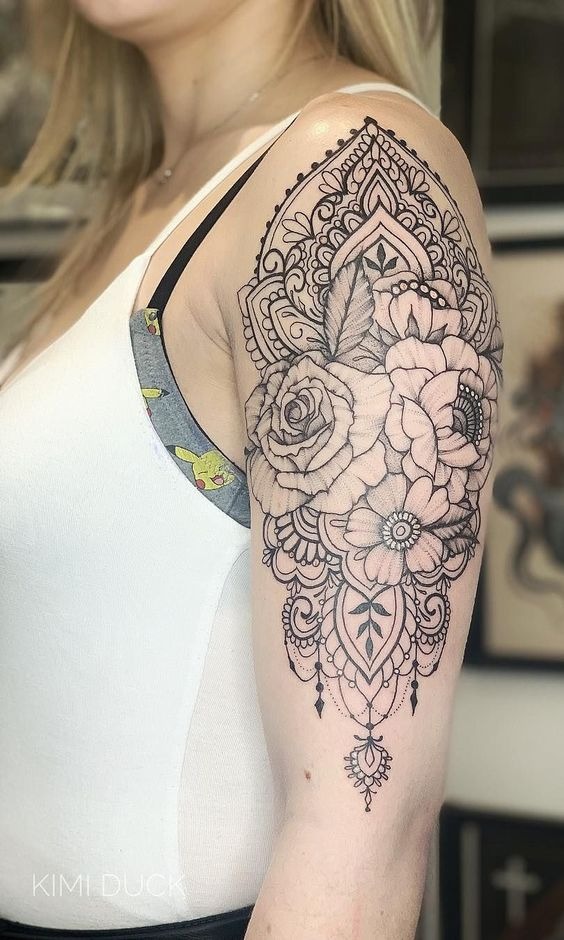 Dark Shaded Floral Arrangement Shoulder Tattoo Shoulder Tattoo Design