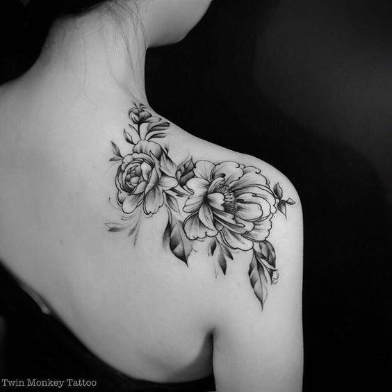 Delicate Peonies Black and White Tattoo on Shoulder Blade Shoulder Tattoo Design