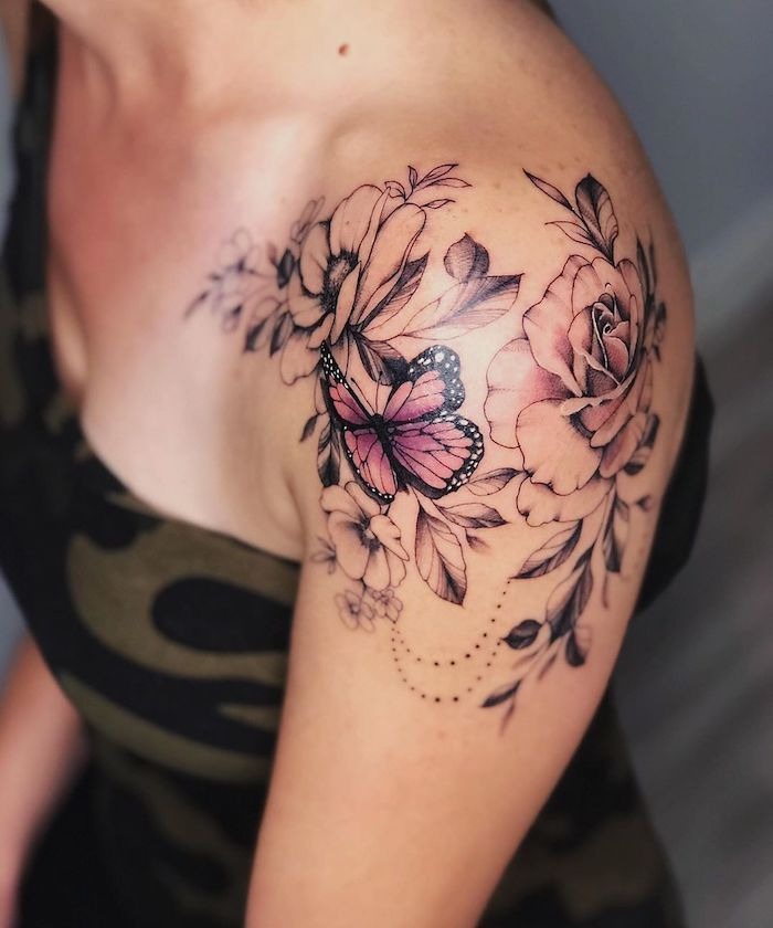 Earth Toned Large Floral Shoulder Tattoo Shoulder Tattoo Design