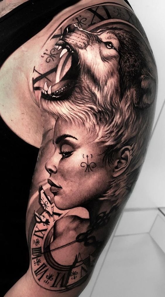 Howling Wolf Girl Hybrid Shoulder Tattoo Shoulder Tattoo Design