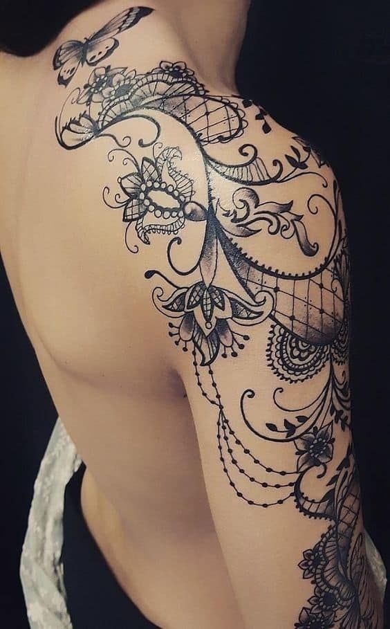 Lacey Butterfly Layered Floral Shoulder Tattoo Shoulder Tattoo Design