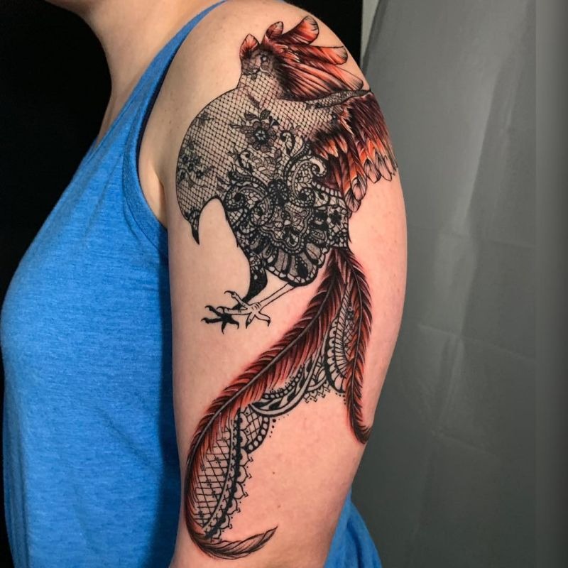 Lacey Red Accented Phoenix Shoulder Tattoo Ideas Shoulder Tattoo Design
