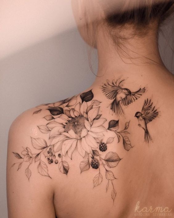 Lightly Shaded Berries and Flowers Shoulder Tattoo Shoulder Tattoo Design