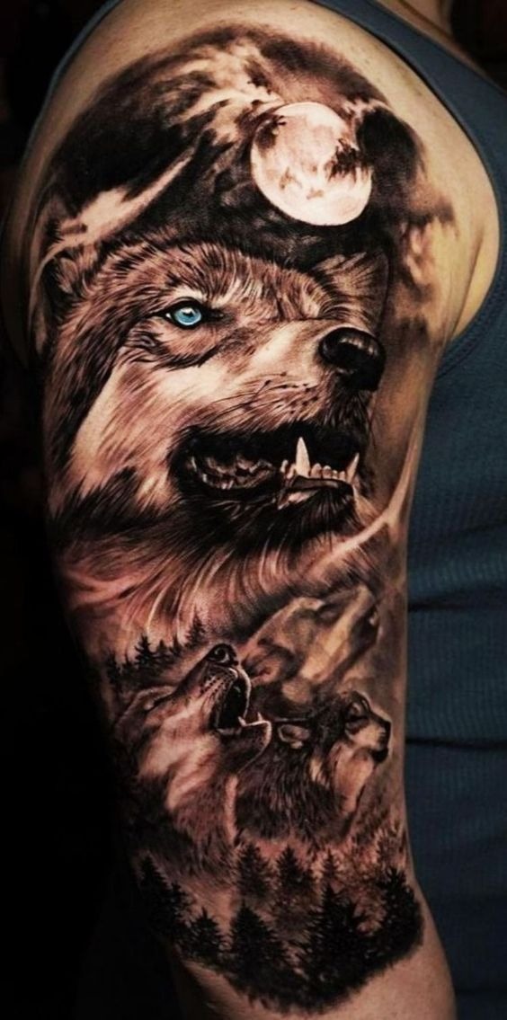 Night Wolf Moon Scene Shoulder Tattoo Shoulder Tattoo Design