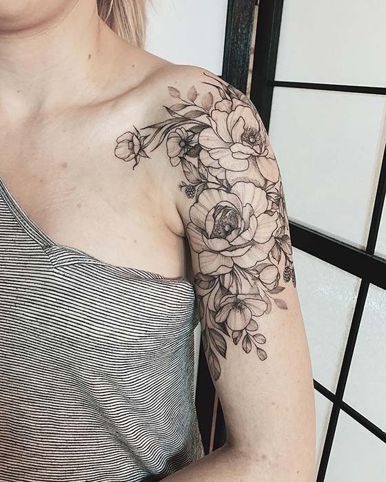 Peonies and Ferns Mixture Sleeve Tattoo Shoulder Tattoo Design