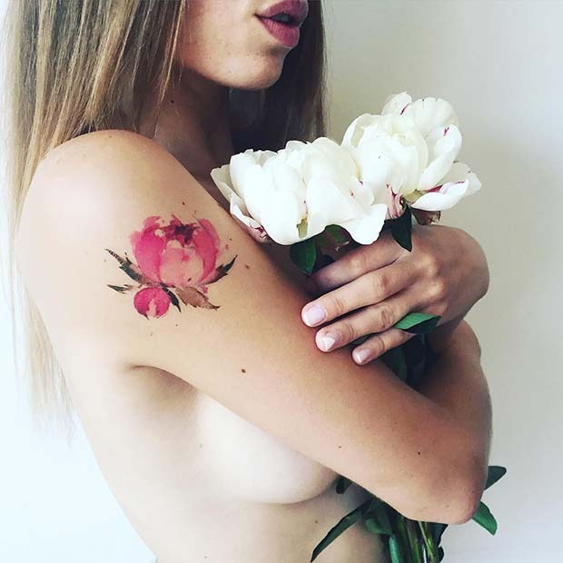 Pink Watercolor Peony Flower Small Shoulder Tattoo Ideas Shoulder Tattoo Design