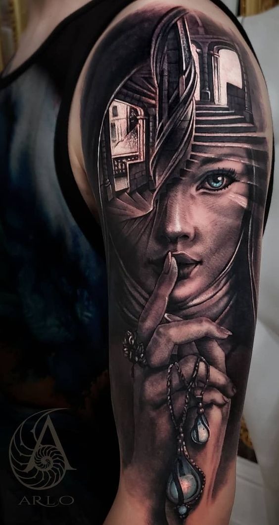 Secretive Half Robotic Woman Shoulder Tattoo Shoulder Tattoo Design