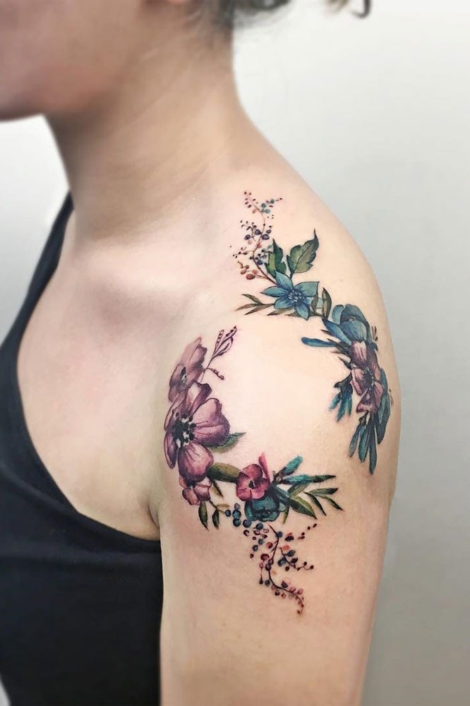 Soft Floral Berry Stem Shoulder Tattoo Shoulder Tattoo Design