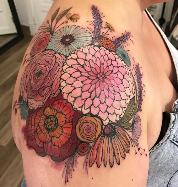 Soft Watercolor Bushel of Flowers Shoulder Tattoo Shoulder Tattoo Design