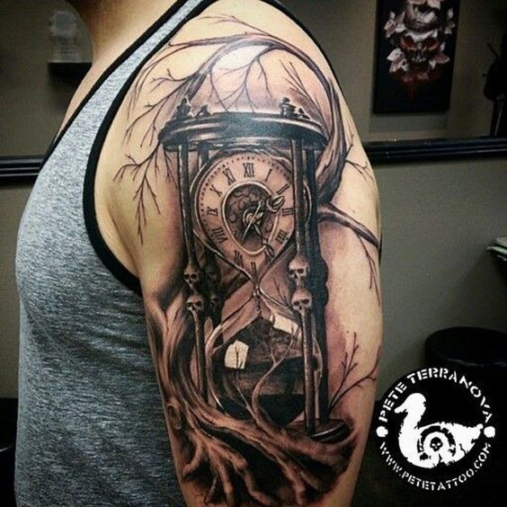 Spooky Dark Clock Hourglass Shoulder Tattoo Ideas Shoulder Tattoo Design