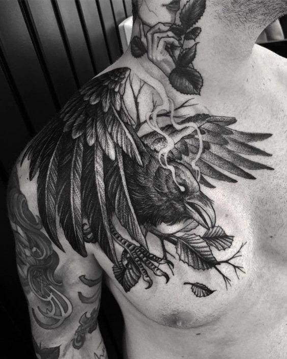 Spooky Smoky Raven Landing Front Shoulder Tattoo Shoulder Tattoo Design