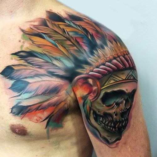 Watercolor Headdress Wearing Skull Shoulder Tattoo Ideas Shoulder Tattoo Design