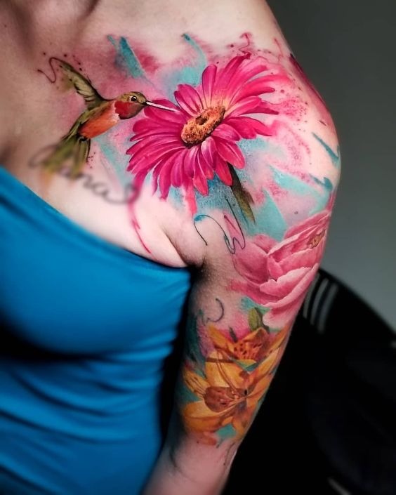 Watercolor Hummingbird Feeding Front Shoulder Tattoo Shoulder Tattoo Design