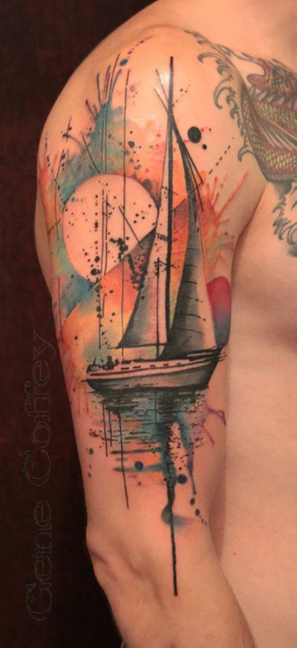 Watercolor Sailboat Scene Ocean Shoulder Tattoo Ideas Shoulder Tattoo Design