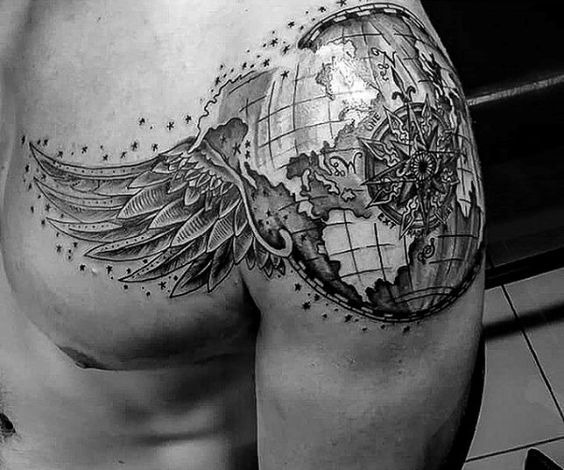 Winged World Map Explorer Shoulder Tattoo Ideas Shoulder Tattoo Design