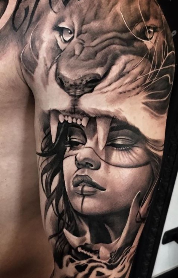 Woman Warrior BlendedLion Tattoo Shoulder Tattoo Design