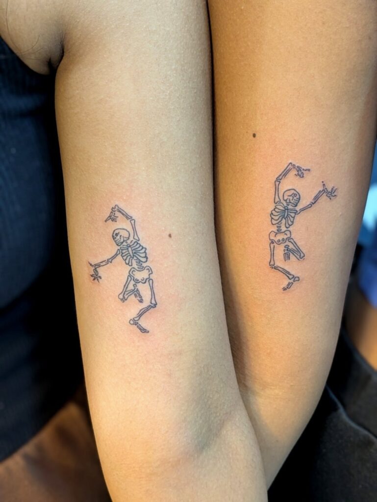Dancing Skeleton Matching Tattoos for Siblings Tattoo Design