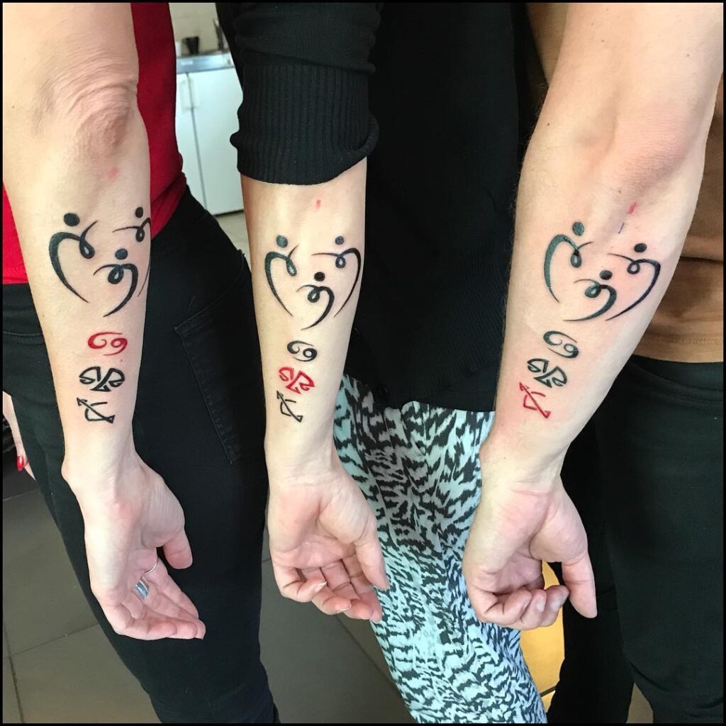 Family Heart Tattoos with Individual Zodiac Signs Tattoo Design