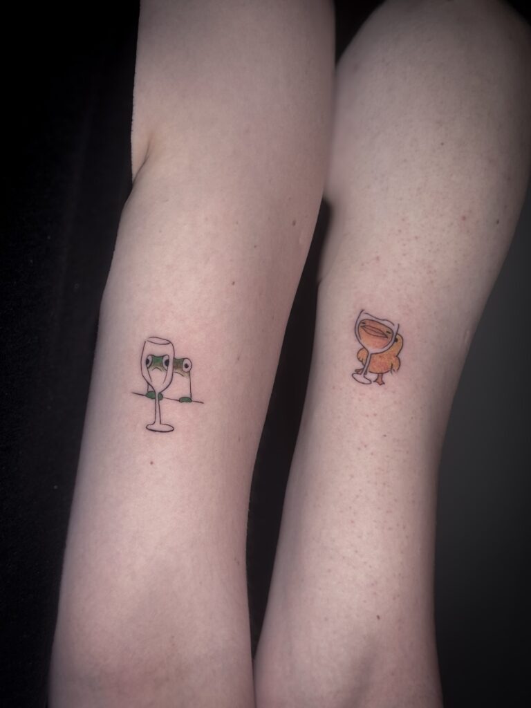 Frog and Baby Duck Wine Glass Matching Sibling Tattoos Tattoo Design