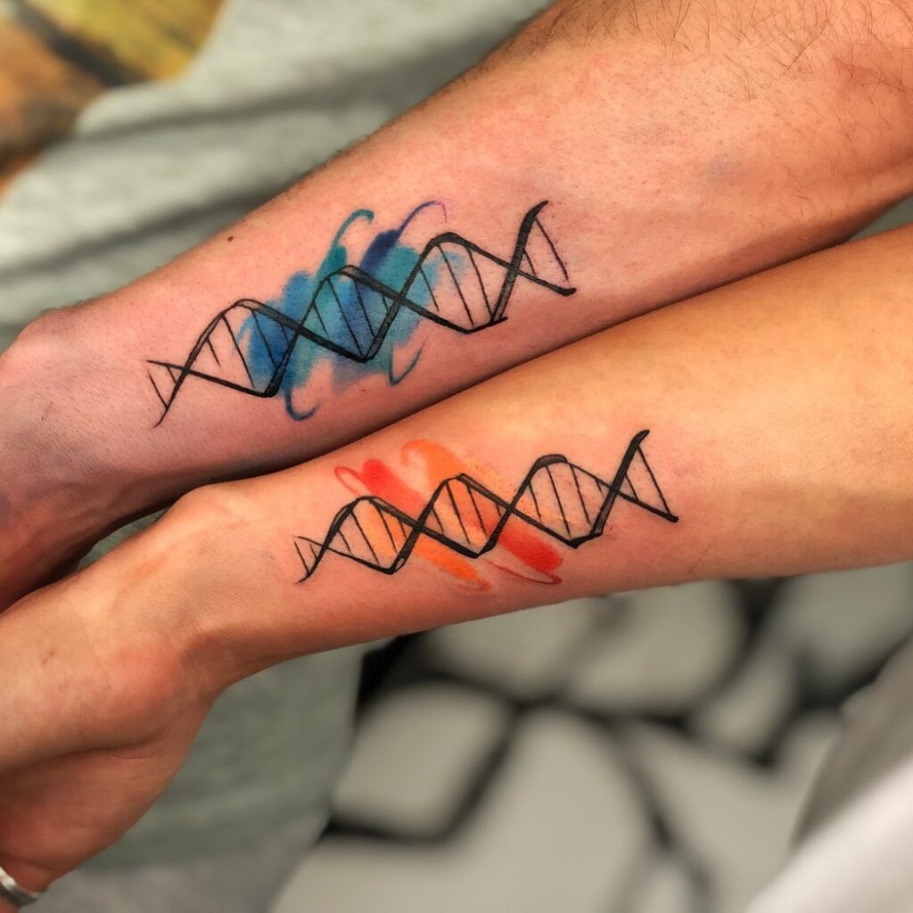 Matching DNA Tattoos with Watercolor Design Tattoo Design