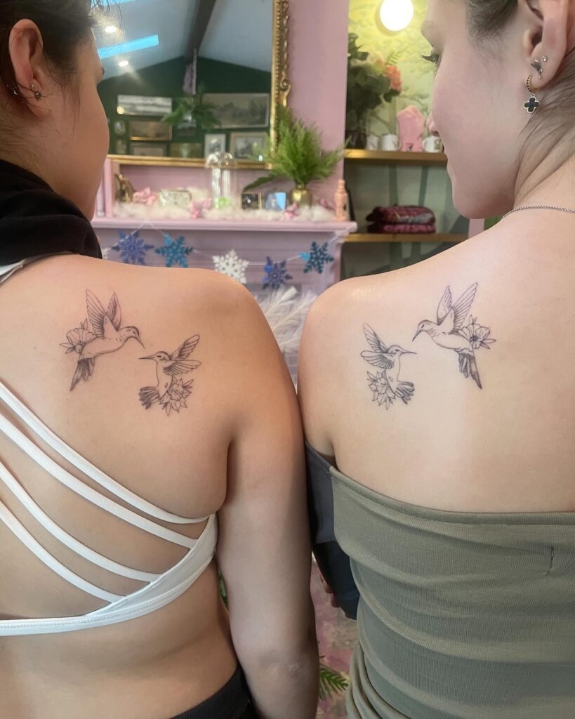 Matching Hummingbird Shoulder Tattoos for Sisters Tattoo Design
