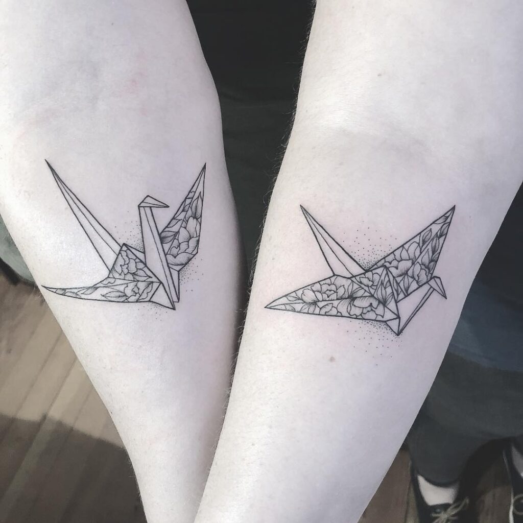 Matching Origami Crane Tattoos with Floral Details Tattoo Design