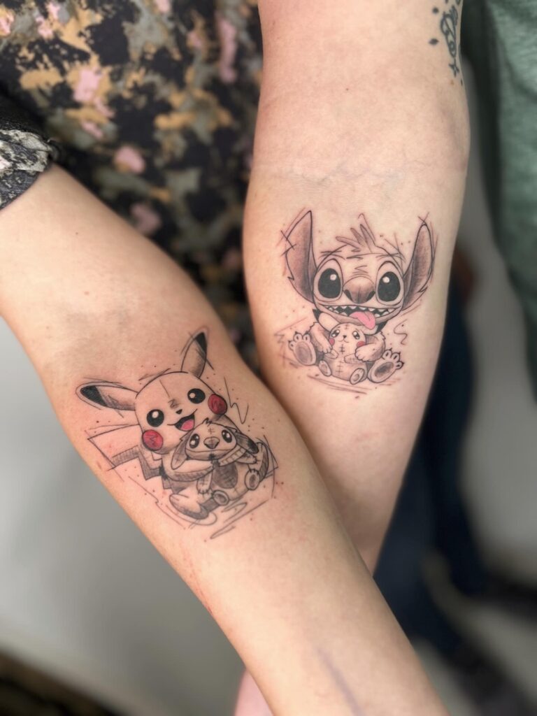 Matching Sketch Tattoos Featuring Pikachu and Stitch Tattoo Design