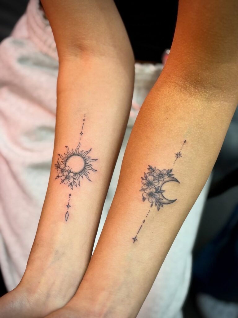 Matching Sun and Moon Floral Tattoos Tattoo Design