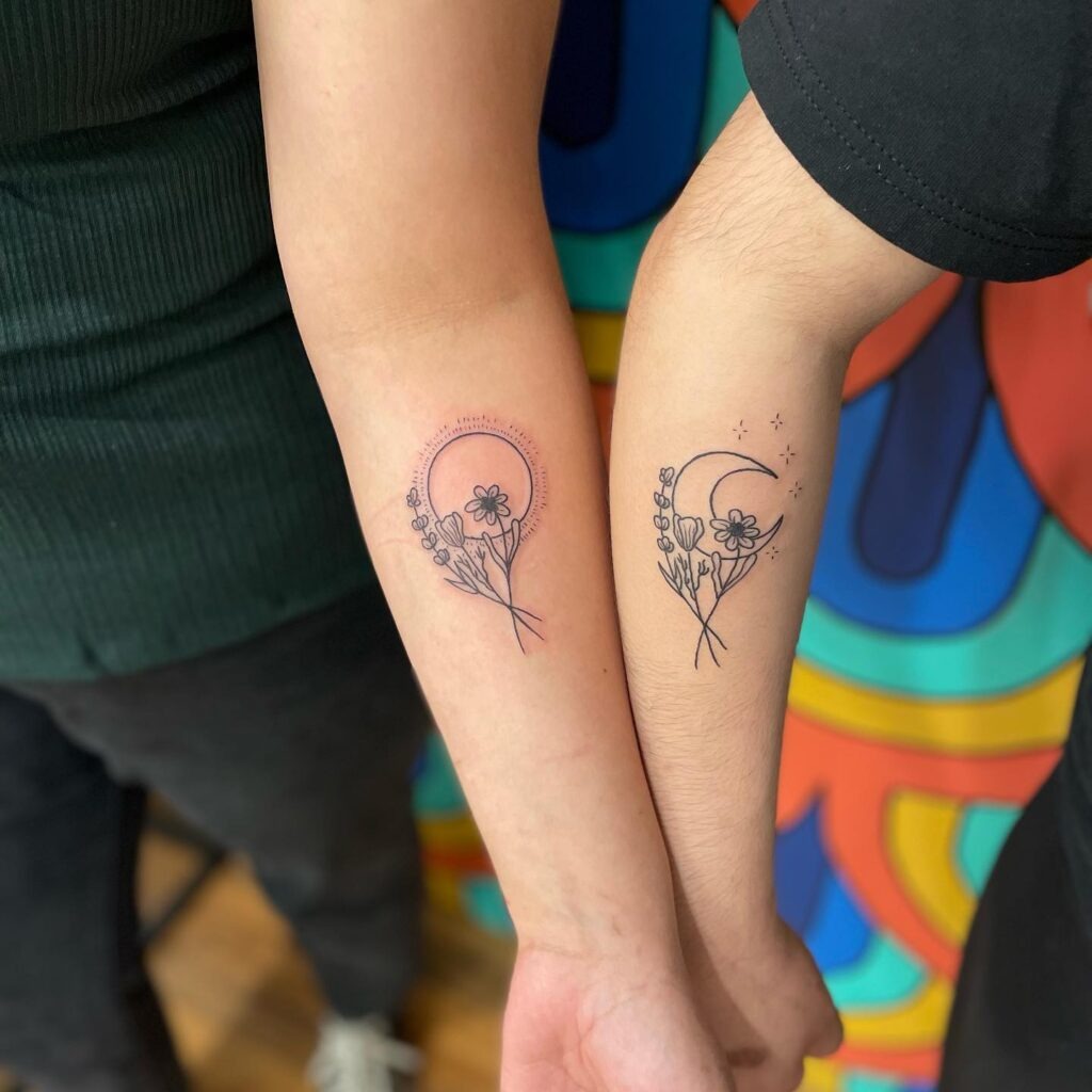 Sun and Moon Floral Matching Tattoos for Siblings Tattoo Design