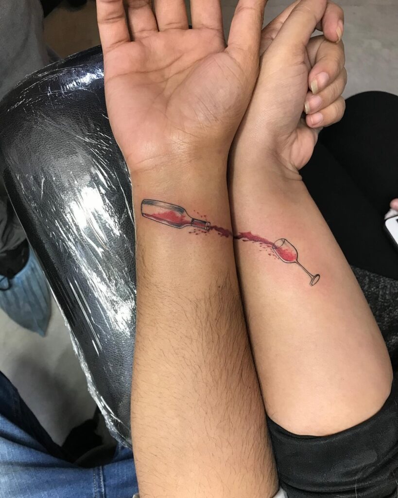 Wine Bottle and Glass Matching Tattoos for Siblings Tattoo Design