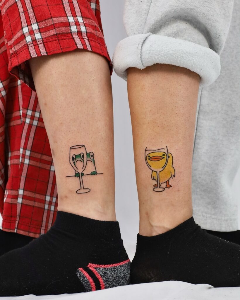 Frog and Duck in Wine Glasses Matching Tattoos Tattoo Design