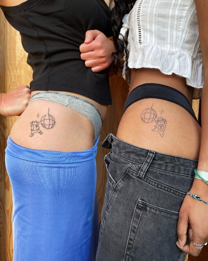 Groovy Frogs and Disco Ball Matching Tattoos Tattoo Design