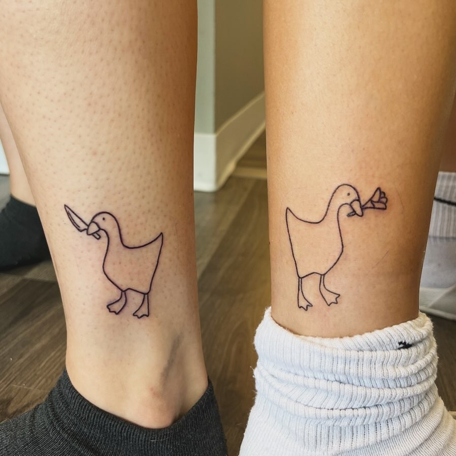 Mischievous Geese with Knife and Flower Matching Tattoos Tattoo Design