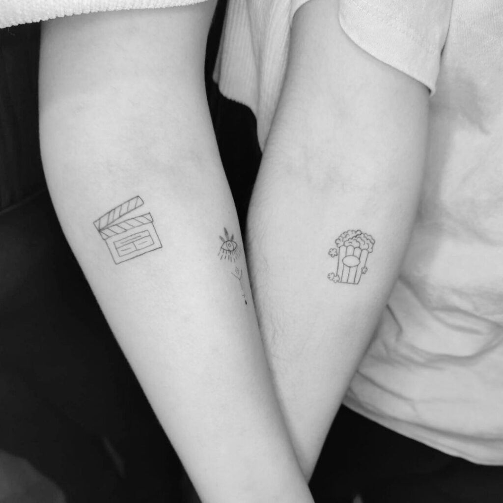 Movie Night Clapperboard and Popcorn Matching Tattoos Tattoo Design