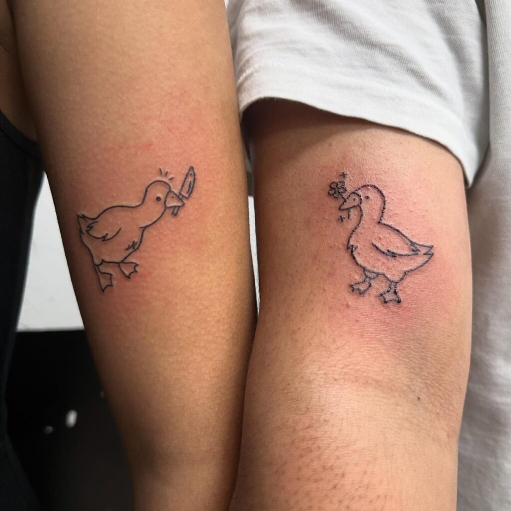 Silly Geese with Knife and Flower Matching Tattoos Tattoo Design