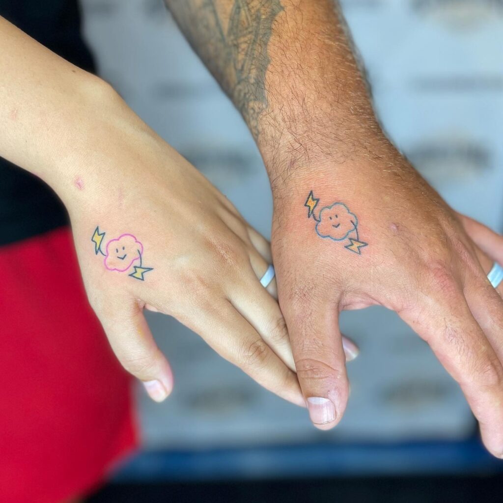 Smiling Clouds with Lightning Bolts Matching Tattoos Tattoo Design